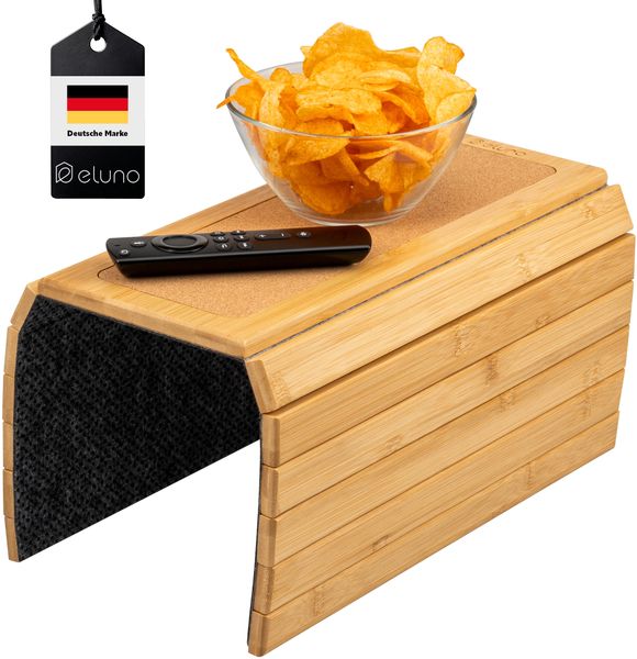 eluno Armlehnen Sofatablett mit rutschfester Korkablage, für Snacks, Handy, Bambus, ca. 47 x 1 x 34 cm (B/H/T)