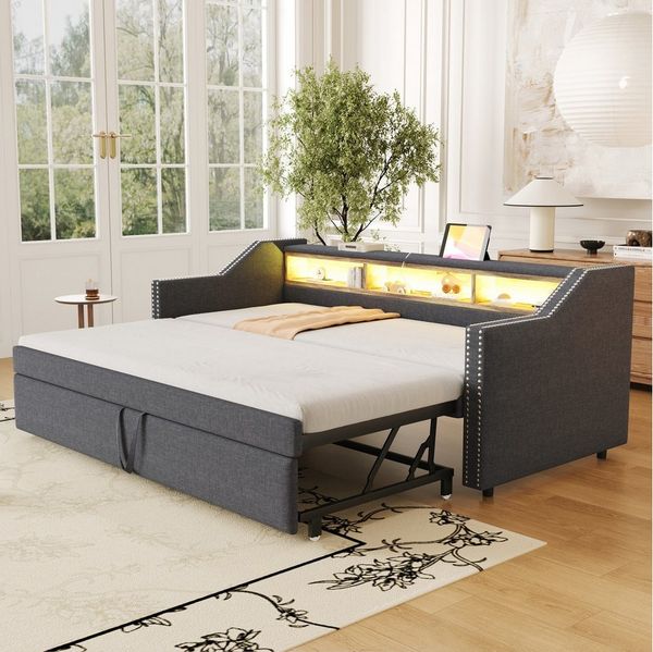 Flieks Daybett, Ausziehbares Polsterbett 90/180x190cm mit LED und USB-Laden