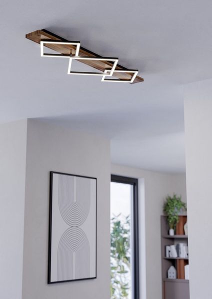 EGLO LED Deckenleuchte Boyal, Deckenlampe 3-flammig, Wohnzimmerlampe aus rustikalem Holz und schwarzem Metall, Lampe Decke FSC zertifiziert, warmweiß, 101 cm