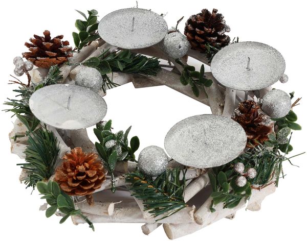 Adventskranz HWC-M12, Adventsgesteck Tischkranz Weihnachtsdeko Tischdeko Holz silber weiß Ø 30cm ~ ohne Kerzen