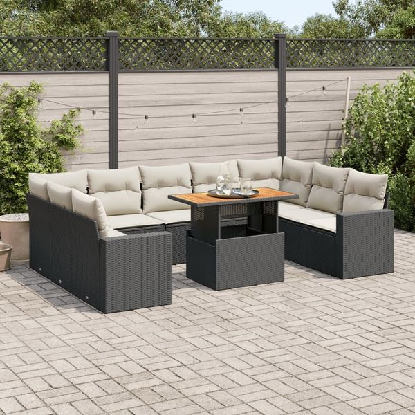 vidaXL 10-tlg. Garten-Sofagarnitur mit Kissen Schwarz Poly Rattan 3327080