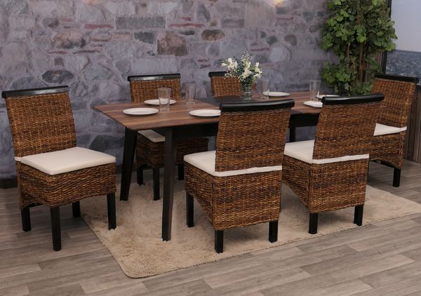 6er-Set Esszimmerstuhl Korbstuhl M45 Stuhl Bananengeflecht ~ dunkel, mit Kissen