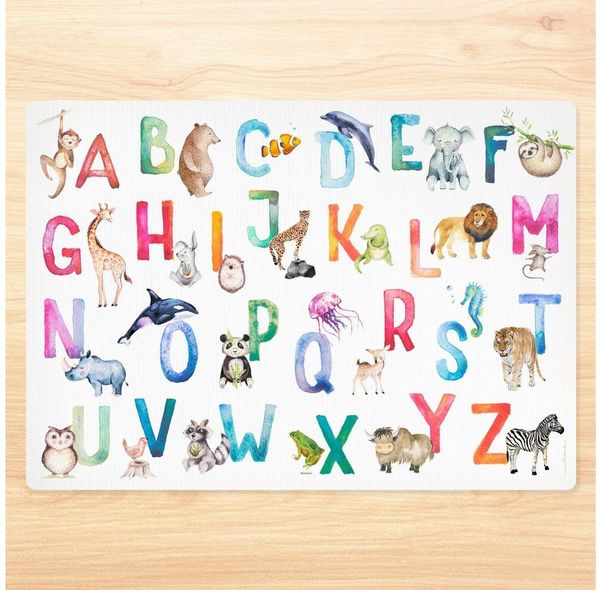 nikima Platzset Stabiles Vinyl Tischset - Tier ABC Aquarell Kinder Platzset abwaschbar, (1-St)