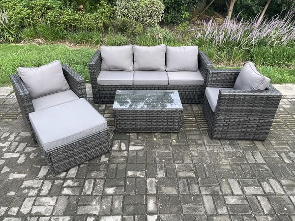 Fimous Rattan Gartenmöbel Set mit 3-Sitzer Sofa Couchtisch 2 Sessel Big Foothocker Indoor Outdoor Patio Lounge Sofa Set Dunkelgrau Gemischt
