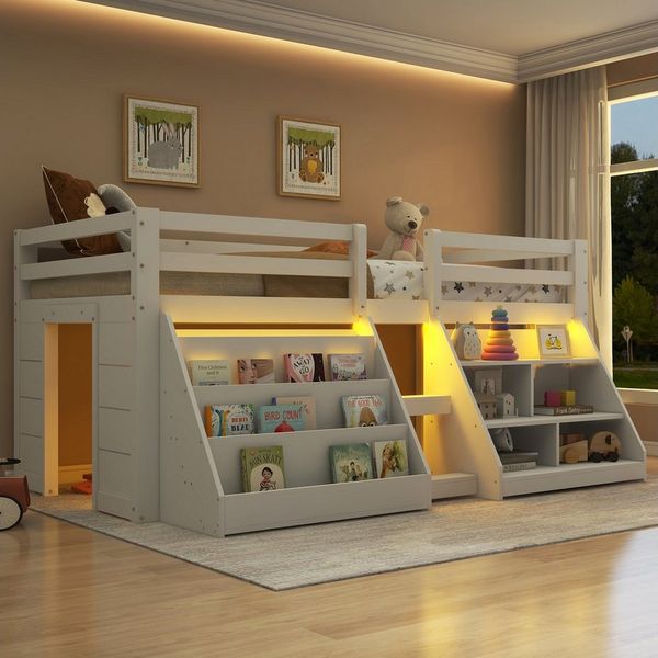 Flieks Hochbett Kinderbett Halbhochbett Holzbett 90x200cm mit 2 Stauraumregal und LED