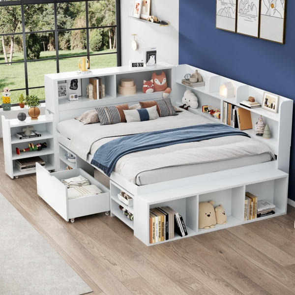 Bett 140x190 cm mit Stauraum und Lattenrost, Weiß, Matratze nicht enthalten