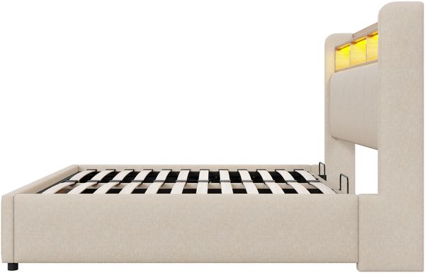 Polsterbett 160x200 cm Beige Leinen mit LED Beleuchtung USB C Ladestation und Hydraulik Stauraum Doppelbett Bild 9