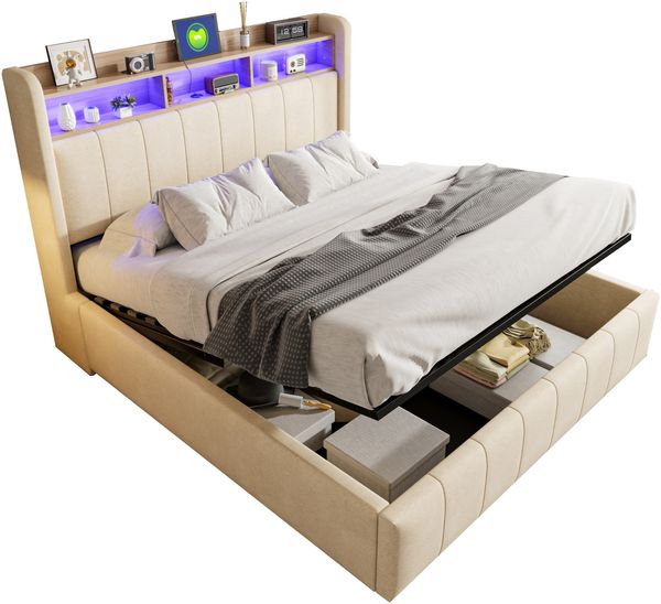 Polsterbett 160x200 cm Beige Leinen mit LED Beleuchtung USB C Ladestation und Hydraulik Stauraum Doppelbett Bild 4