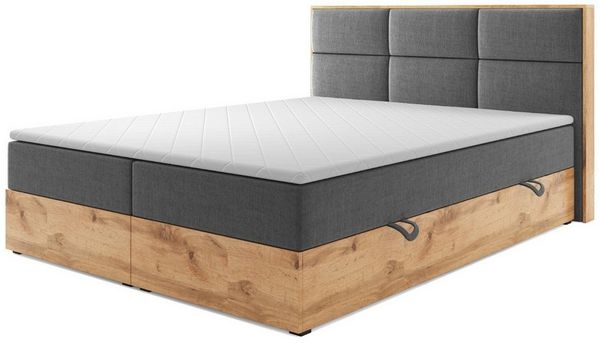 M-Punkt24 Boxspringbett Stockholm (Webstoff Grau, 180 x 200 cm), Eiche Holz, mit Bettkasten, mit Topper