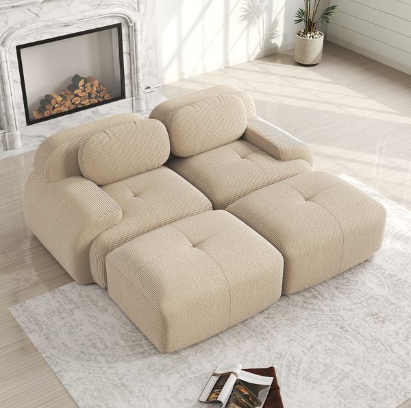 Modulares Ecksofa 75cm×208cm×178cm aus Cordstoff – rahmenlos, ohne Montage, Beige
