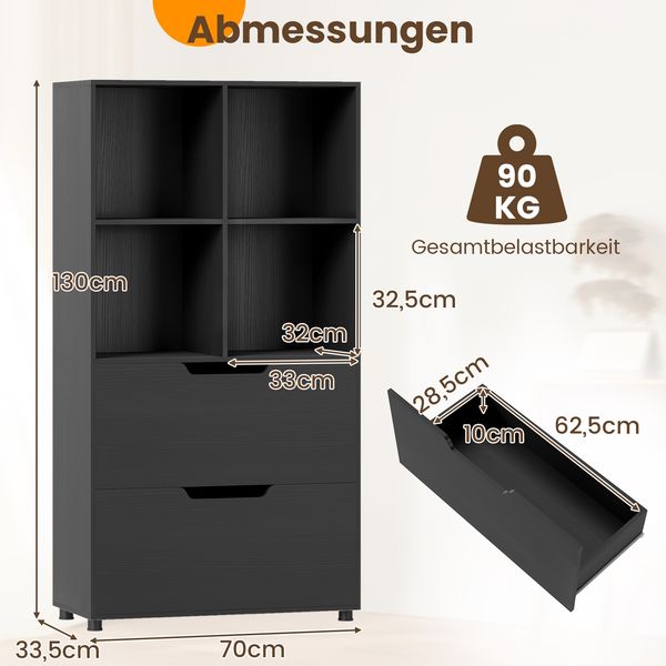 4-Würfel Bücherregal mit 2 Schubladen 130 cm 5-stufiges freistehendes Regal Schwarz