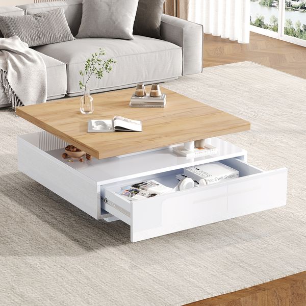 Couchtisch 70x70x36 cm mit 360° drehbarer Tischplatte – moderner Beistelltisch in Weiß und Walnuss