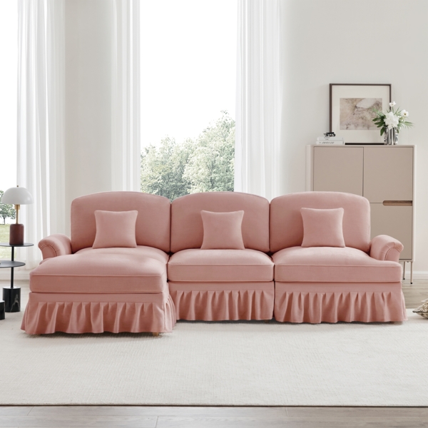 Modulares Mid-Century L-förmiges 3-Sitzer Sofa, Chenille, Trichter-Armlehnen, abnehmbare Rüschenschürze, spindelförmige Beine, beweglicher Hocker, tiefer Sitzkomfort fürs Wohnzimmer, rosa
