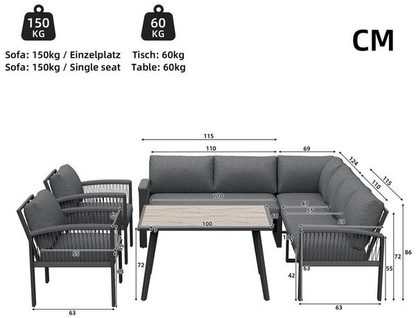 Celya Gartenlounge-Set Gartenlounges Balkon, Gartenmöbel Set für 8 Personen, Seilwerk, (mit verzinktem Eisengestell, verstellbare Beine, alle Sitz- und Rückenkissen inklusive, Grau), Möbelset für 8 Personen, Seilwerk, großer Tisch mit Holzmaserung