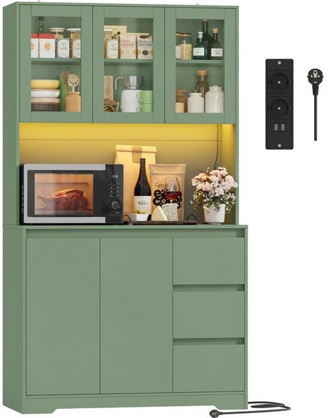 Homfa Küchenbuffet Küchenschrank Buffetschrank mit LED Sideboard grün mit Steckdosenleiste & Arbeitsplatte 180x100x38,5cm