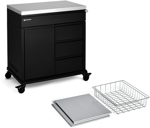 BURNHARD® Grill Beistellwagen Black Edition mit Edelstahl-Arbeitsfläche inkl. Regalböden, Grilltisch, 4 Soft-Close Schubladen, Vollgummi-Rollen – kompatibel mit EARL & FRED Gasgrills - Black Edition inkl. Regalboden - #946467