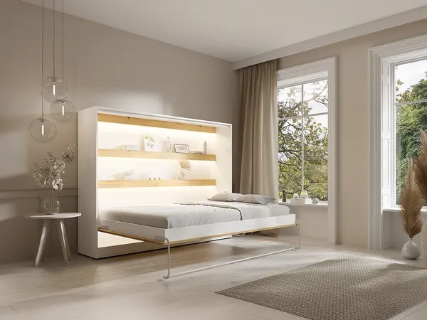 Vente-unique - RAPILI Bett Holz, Platte BeigeWeiß - B 50 cm179,2 cm x H 165,2 cm x L 219 cm