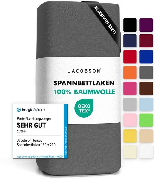 Jacobson Spannbettlaken BOXSPRING & ÜBERLÄNGE aus 100% Baumwolle, für hohe & lange Matratzen, Jersey Bettlaken 160 g/m²