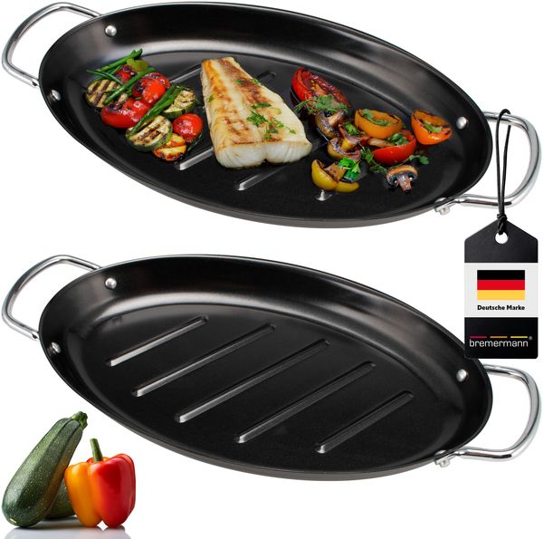 bremermann Grillplatte 2er Set, oval, antihaftbeschichtet, Metall schwarz, 39,5 x 20,5 x 3,5 cm
