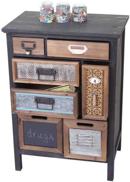 Apotheker-Schrank HWC-A43, Kommode, Tanne Holz massiv Vintage Patchwork 78x55x35cm