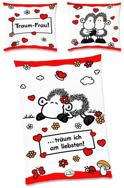 JACK Bettwäsche JACK Renforcé Bettwäsche sheepworld Traum Frau 135x200cm 2 tlg. Herzen, Renforcé, 2 teilig, Wendebettwäsche mit witzigem Schaf und Herzen, Reißverschluss