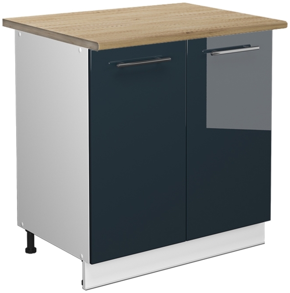 Spülenunterschrank Fame-Line Dunkelblau Hochglanz 80 cm mit Regal, AP Eiche Vicco