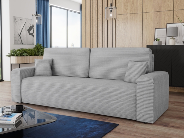 Schlafsofa Spark – Sofa mit Schlaffunktion und Bettkasten, Bonellfederkern, Cordbezug, große Schlaffläche, modernes Polstersofa & Bettsofa (Grau (Poso 110))