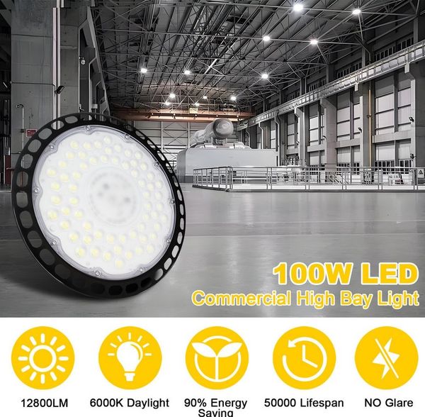 POPOLIC LED Arbeitsleuchte UFO LED-Hallenstrahler, 100 W, 12800 lm, Garagen-Deckenleuchten, IP66, LED fest integriert, 6000K, weiße LED-Ladenleuchte, Beleuchtungskörper, Ø24cm