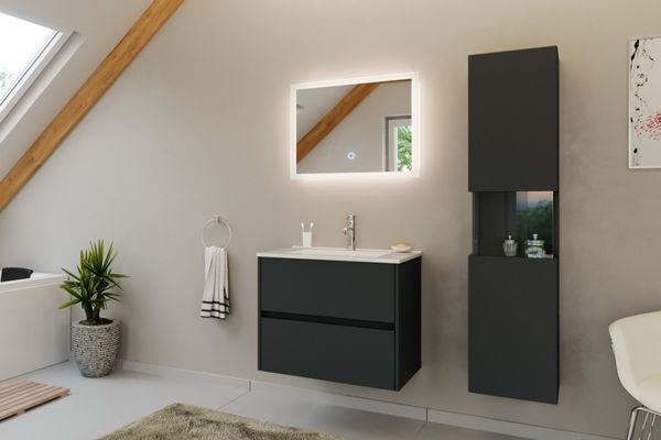 Badmöbel Set Taifun 3tlg. 70 cm mit LED Spiegel & Hochschrank Grafit : Grafit