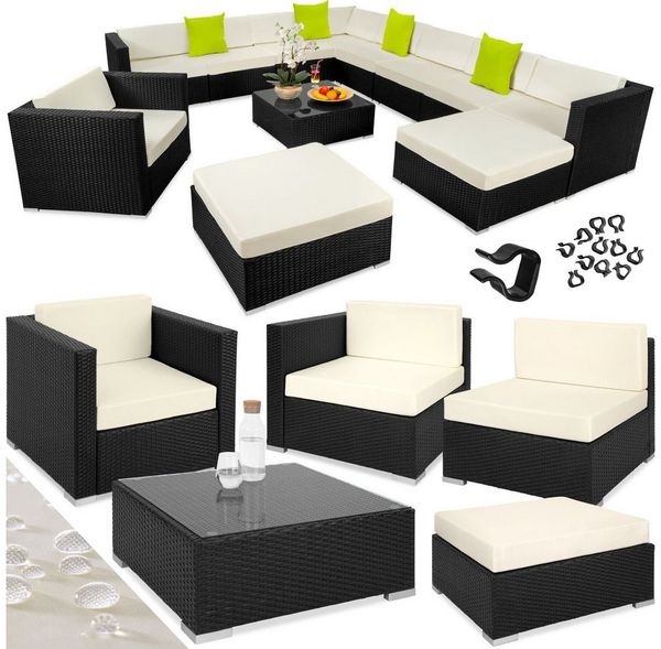 tectake Loungeset Rattan Sitzgruppe mit Aluminiumgestell, für 9 bis 11 Personen, (Gartenlounge-set Las Vegas, 12-tlg, geeignet für Outdoor in Schwarz), wetterfest und UV-beständig, Dicke der Polster 10 cm
