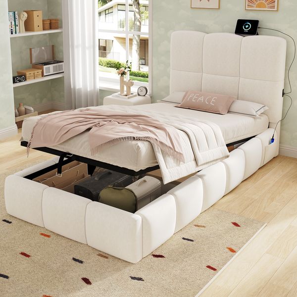 Merax Polsterbett, Einzelbett, Kinderbett 90 x 200cm, hydraulisches Funktionsbett, Bett mit Lattenrost, Kopfteil, großem Stauraum und USB-Ladeanschluss, gepolstertes Kopfteil, samt, beige
