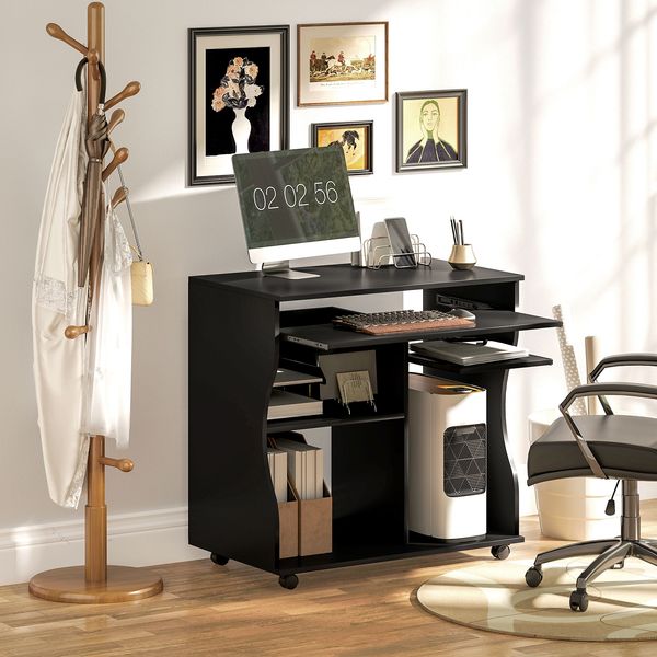 Schreibtisch 80 x 48 x 75 cm mit Rollen, Tastaturablage und Ablagen, Holzwerkstoff in Schwarz