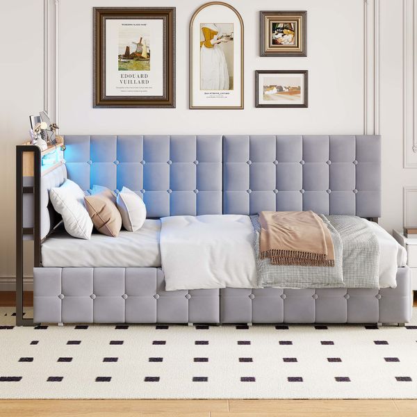 Schlafsofa Polsterbett mit 2 Schubladen, LED & USB-Anschluss, 90x200 cm, Grau, ohne Matratze