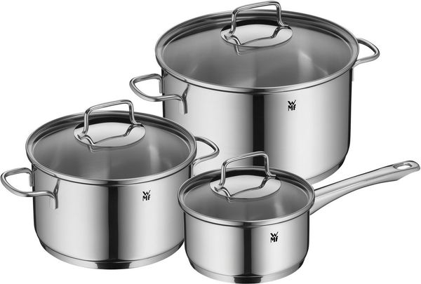 WMF Topf-Set Astoria, Kochtopf Set Induktion mit Glasdeckel, breiter Schüttrand, Cromargan® Edelstahl Rostfrei 18/10 (Set, 6-tlg), hochglanzpoliert, für alle Herdarten geeignet, hochwertige Qualität