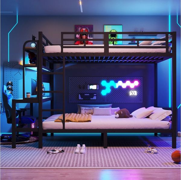 Flieks Etagenbett, Kinderbett Metallbett 140x200cm mit Stauraumregal Schreibtisch LED&USB