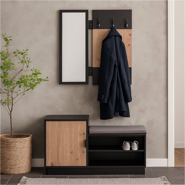 HTI-Living Garderoben-Set Garderobe Dana mit Schuhbank Schwarz, (Set, 2-St, 1 Garderobenpaneel mit Spiegel, 1 Schuhbank), Garderobenpaneel Spiegel Schuhregal mit Sitzkissen