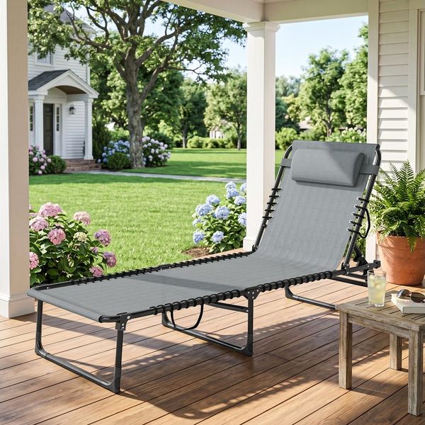 Outsunny Gartenliege mit 4-Fach verstellbare Rückenlehne, Kopfkissen, Liegestuhl, 1 St, Sonnenliege, bis 120 kg belastbar, für Garten Strand Pool, Hellgrau