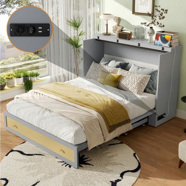autolock Schrankbett Mobiles Schrankbett mit Schubladen USB & Steckdose (140 x 200 Ohne Matratze) Doppelbett Einzelbett Umbaubares Plattformbett