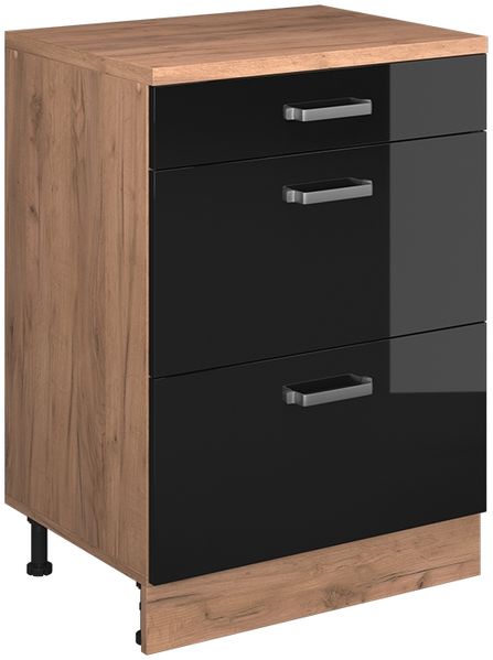 Erweiterungskommode Rion Schwarz Hochglanz/Goldkraft Eiche 60 x 46 cm ohne Schräge mit 3 Schubladen Vicco