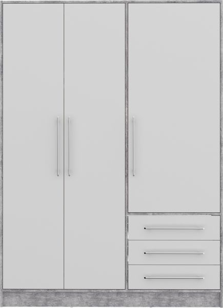 Drehtürenschrank >JUPITER < 3 Türen, 3 Schübe, Betonoptik / Weiss - 144,6x200x60 (BxHxT)