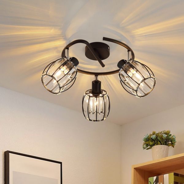 ZMH Deckenstrahler 3 Flammig Deckenlampe Vintage - Deckenspot Kristall Lampenschirm Schwarz Rund Retro Strahler E14 Schwarz 350°Schwenkbar Küchenlampe für Wohnzimmer Flur (Ohne Leuchtmittel)