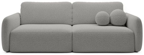 Goldstoff Schlafsofa Boo mit Bouclé-Stoff, Dekorative runde Kissen, ausziehbare Liegefläche