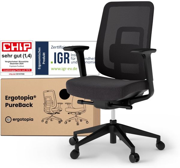 Ergotopia 'PureBack' ergonomischer Bürostuhl mit Lordosenstütze & 4D-Armlehne, Schwarz, ohne Kopfstütze