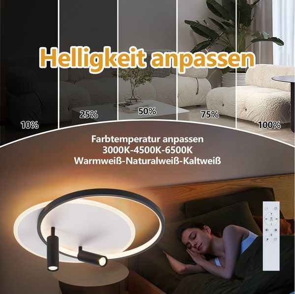 Nettlife LED Deckenleuchte Deckenlampe Schwarz Rund 52W Dimmbar mit 2 Deckenstrahler Modern Acryl, Dimmbar mit Fernbedienung, LED fest integriert, mit Fernbedienung für Schlafzimmer Küche