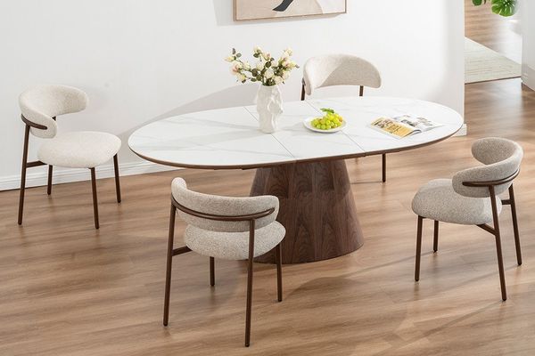 riess-ambiente Esstisch UNIQUE 160-200cm weiß / braun - Keramik, Echtholzfurnier, ausziehbar (Einzelartikel, 1-St), Ovaler Tisch · Walnuss · Marmordesign · Modern · 8 Personen · Speziell