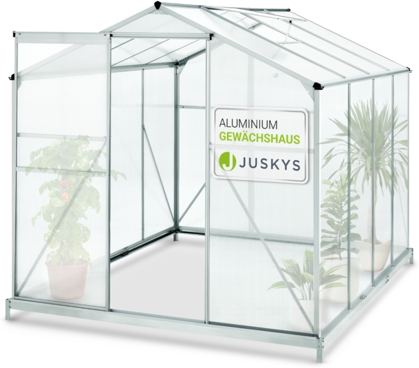 Juskys Aluminium Gewächshaus mit Fundament für Garten | 4,75 qm | 190 × 253 cm | 1 Dachfenster & Schiebetür | 4 mm Platten