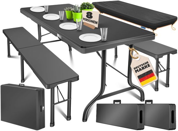 KESSER® Bierzeltgarnitur 3-teilig Set Tisch & 2x Bank | Buffettisch für drinnen & draußen Gartengarnitur klappbar 183x76x74cm Kunststoff Klapptisch Gartentisch inkl. Abdeckung & Tragegriffe Anthrazit, Glatt