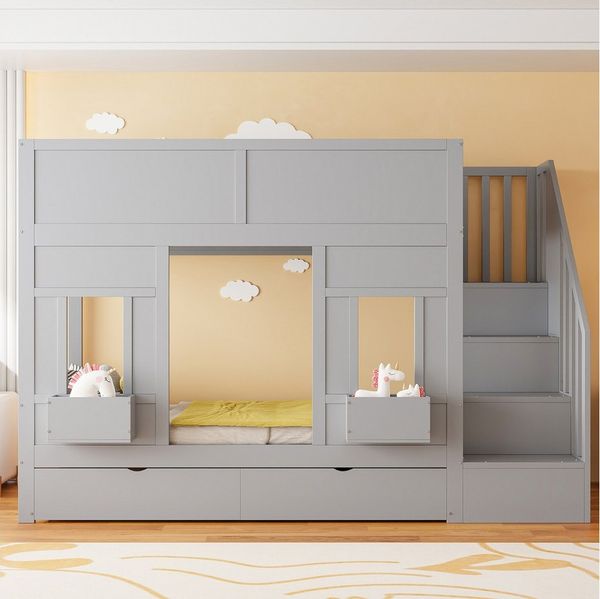 Flieks Etagenbett, Kinderbett 90x200cm mit Fenstern, 2 Schubladen und Stauraumtreppe