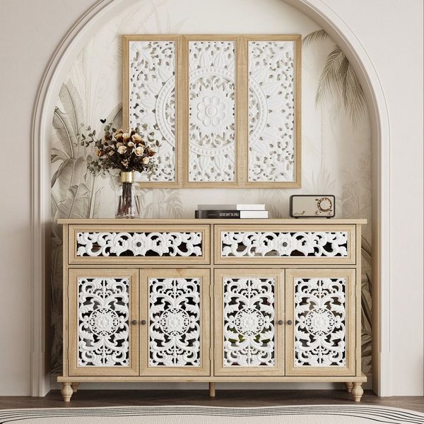 FUFU&GAGA Sideboard mit 2- Türen und 2- Schubladen, mit geschnitzten Zierplatten