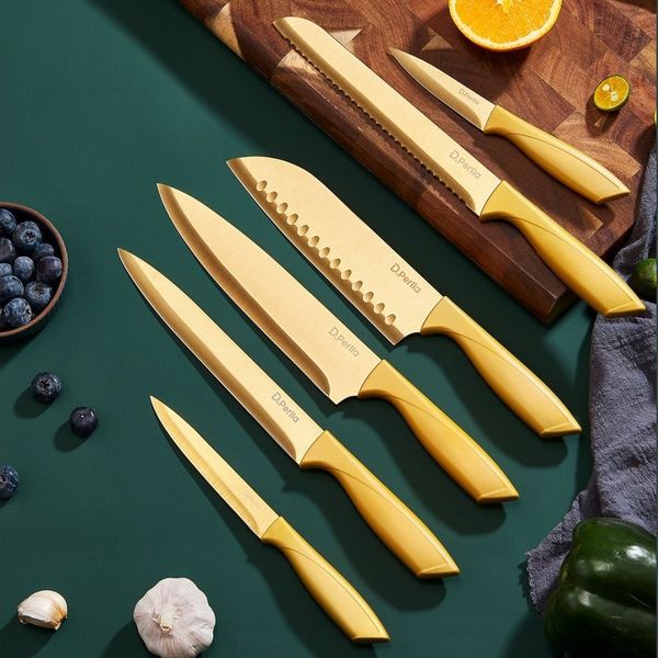 D.Perlla Messer-Set 16-teiliges Küchenmesserset aus Edelstahl (Set, 16-tlg), mit antihaftbeschichteter Klinge, golden